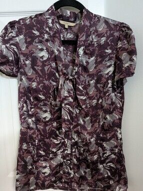 RW&CO. Plum and Gray Floral Tie-Neck Button Up Blouse